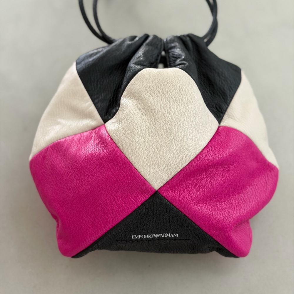 Emporio Armani Pink & Black genuine Leather Drawstring Bag
